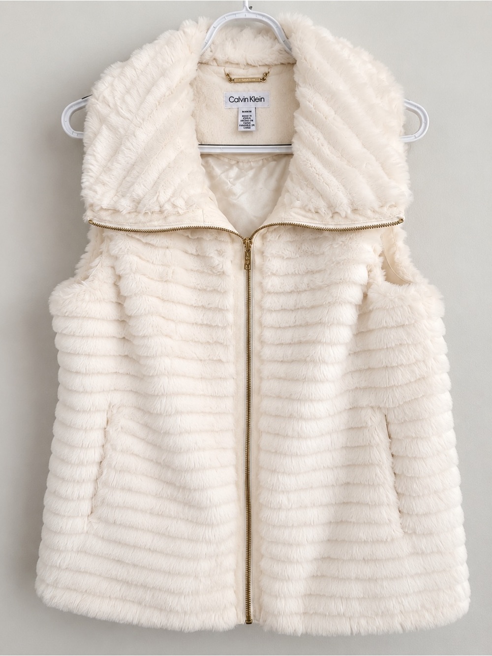 Calvin Klein Ivory Faux Fur Zip-Front Vest